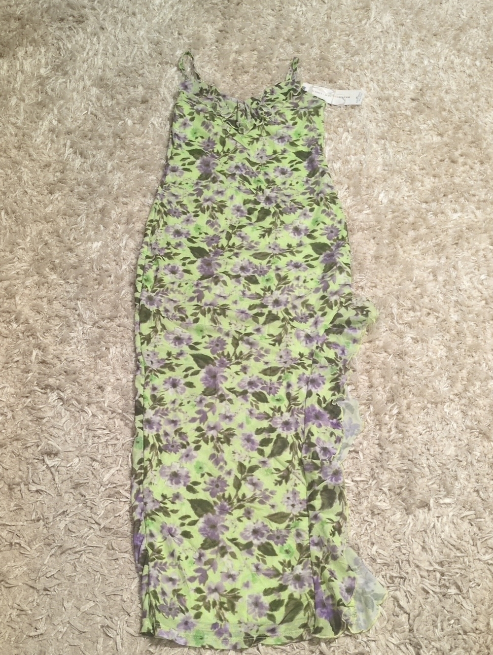 Green Floral Slip Maxi Dress With Ruffle Slit And Lined Small